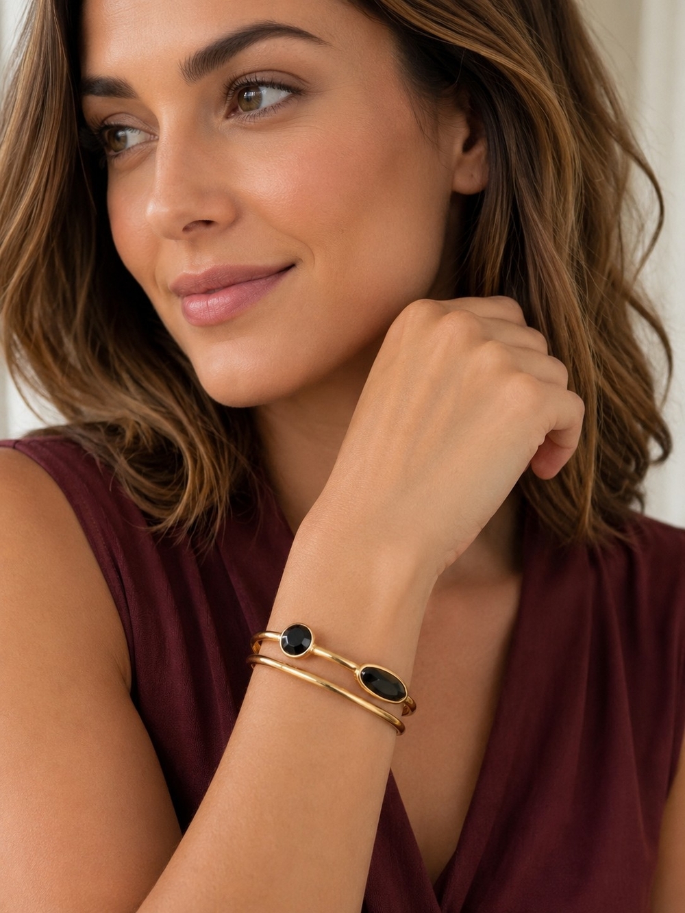 Chico's Gold Double Bangle Bracelet with Black Stones